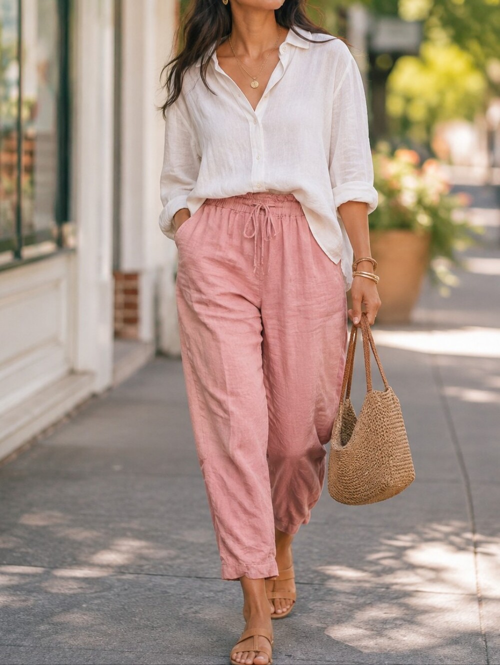 Mango Dusty Rose Linen Drawstring Relaxed Ankle Pants Women Casual Lounge Resort